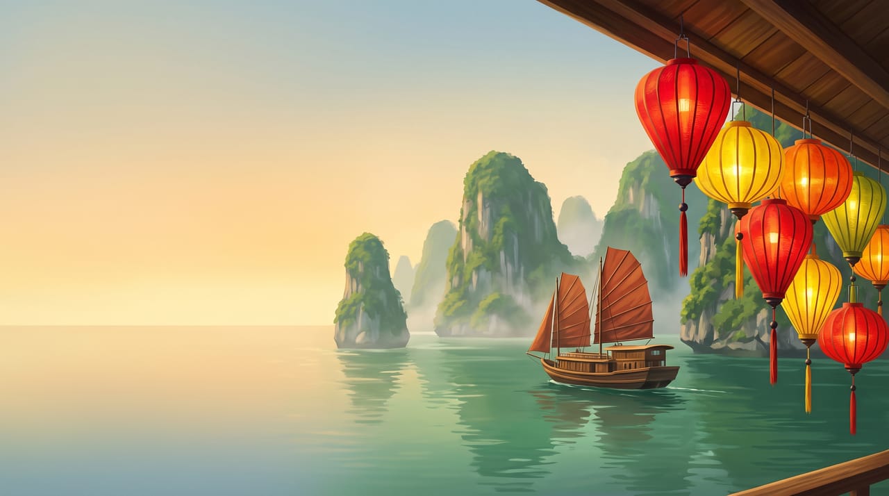 Illustration of Ha Long Bay limestone islands with a junk boat and glowing Hoi An lanterns, Vietnam